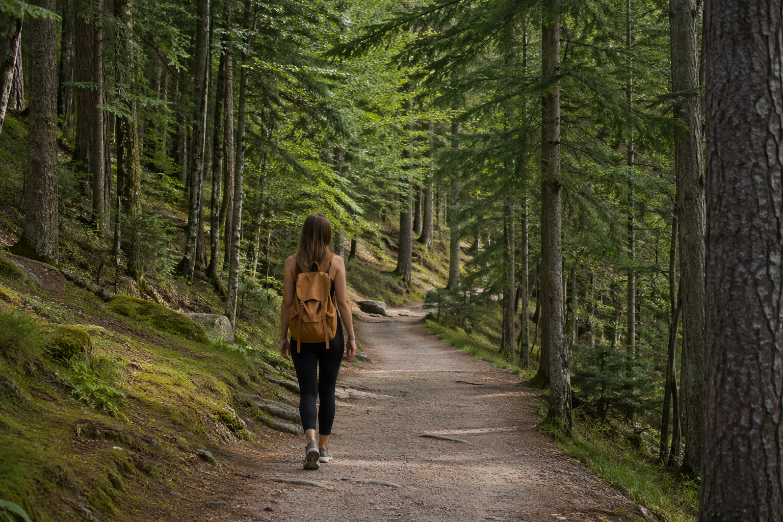 Donna che cammina su un sentiero nel bosco durante una passeggiata all'aperto
