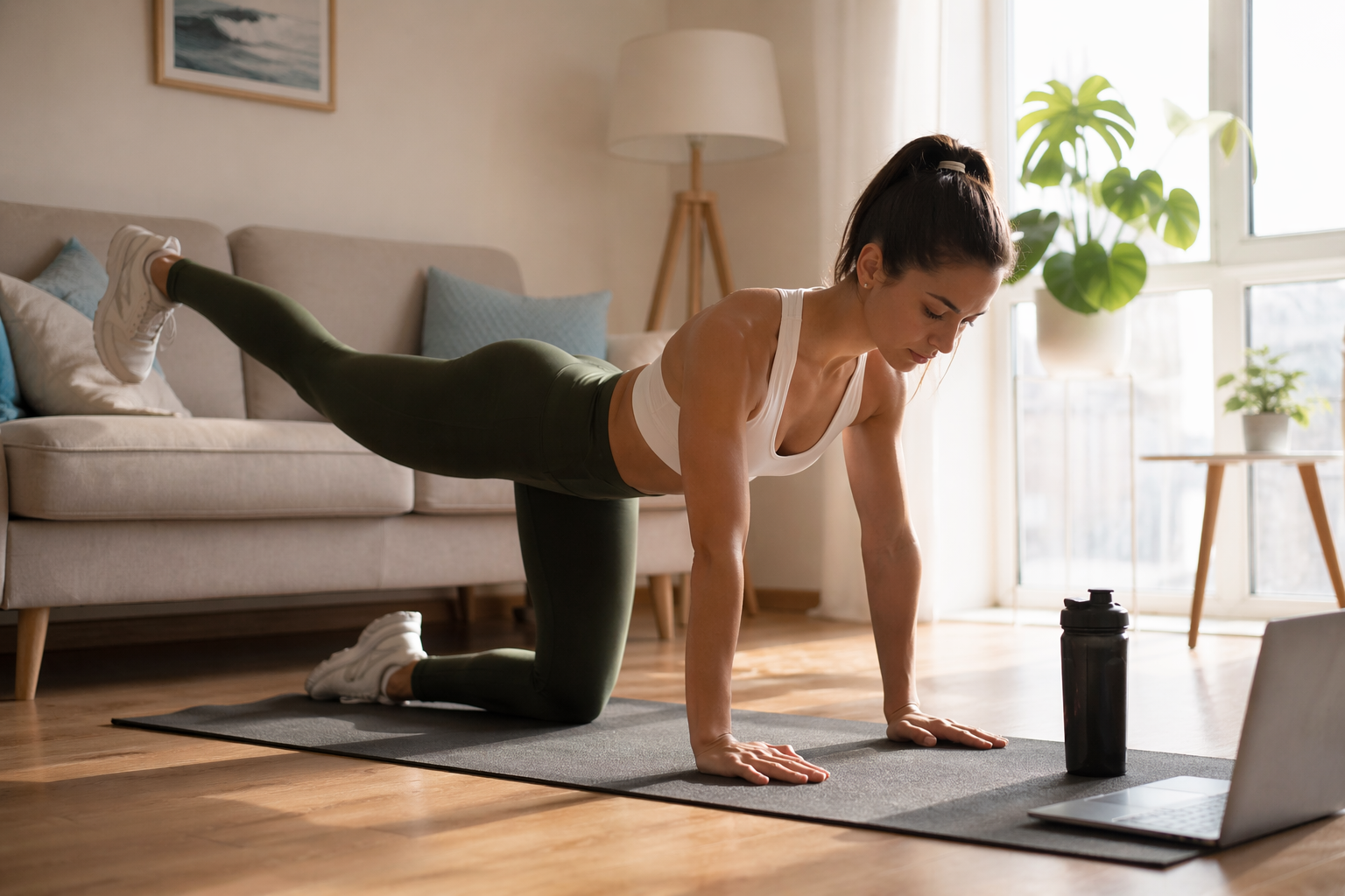 Persona che si allena a casa con un workout semplice e guidato